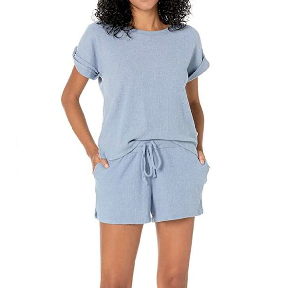 New Lucky Brand 2-Pc PJ Ultra Soft Ribbed T-Shirt and Shorts Lounge Pajama Set - Picture 1 of 5